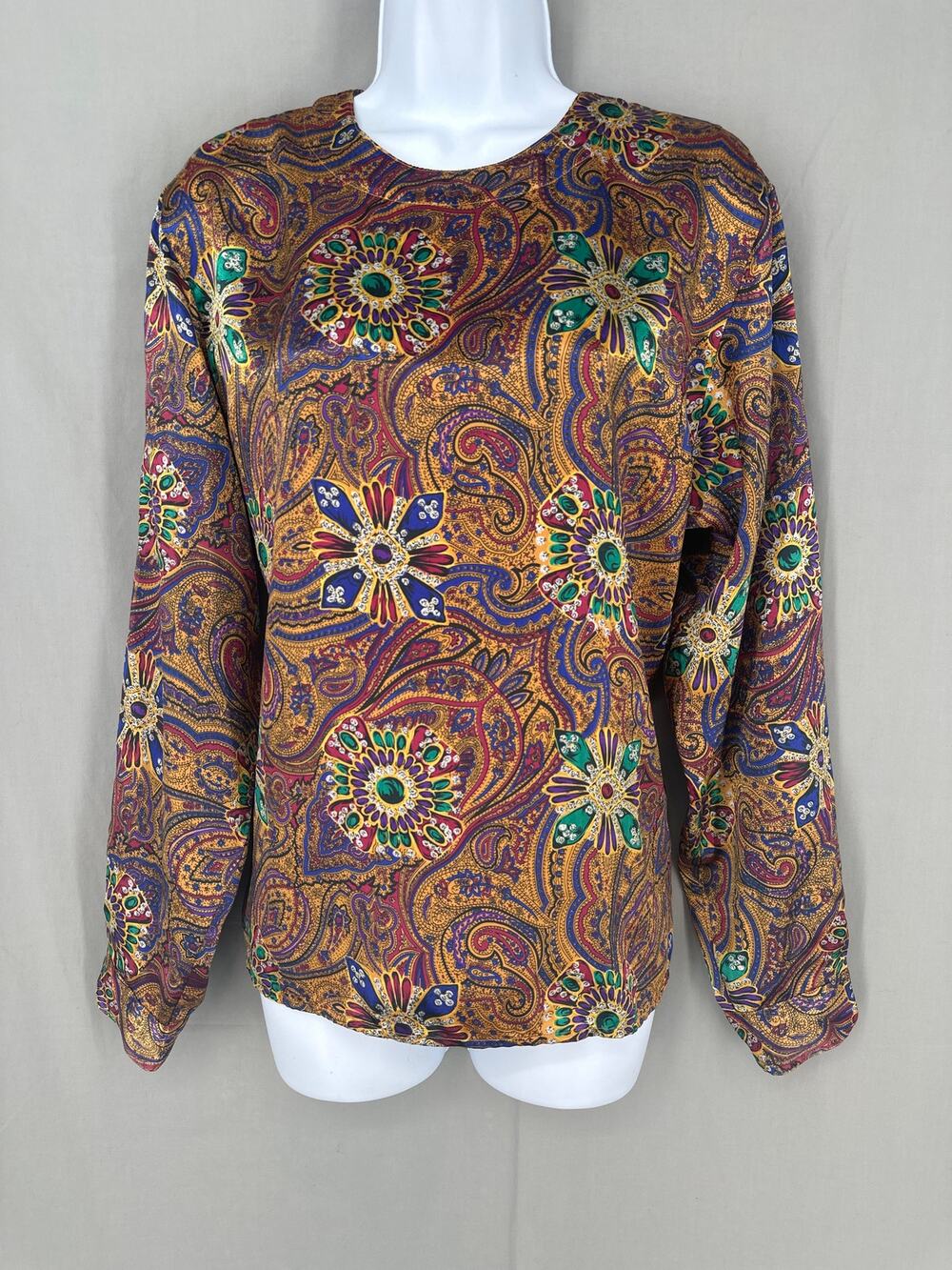 90s Vintage Top Womens Large Yellow Paisley Satin Boho Psychedelic Bohemian